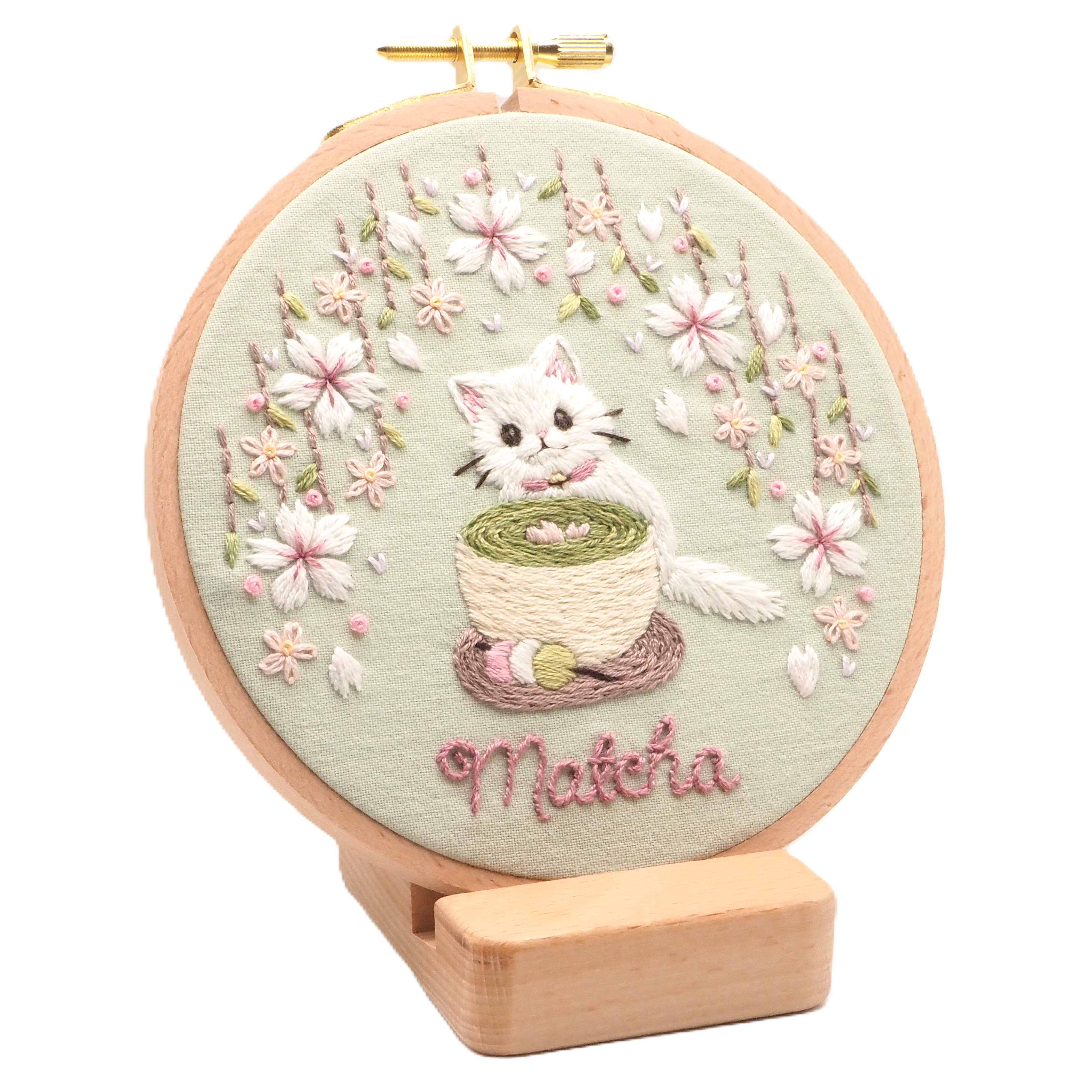 Matcha Latte & White Cat DIY Embroidery Kit / Hand embroidery set