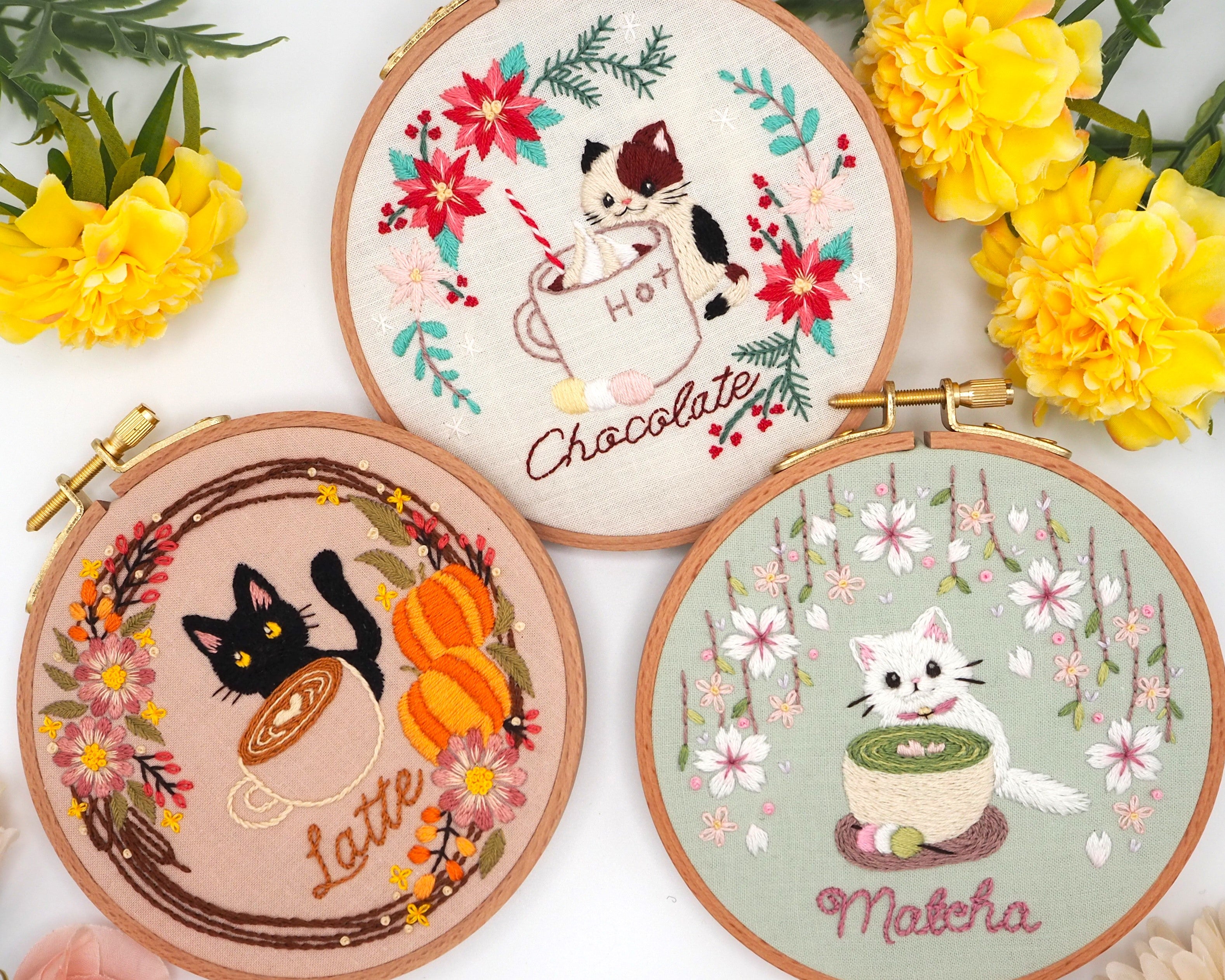 Matcha Latte & White Cat DIY Embroidery Kit / Hand embroidery set