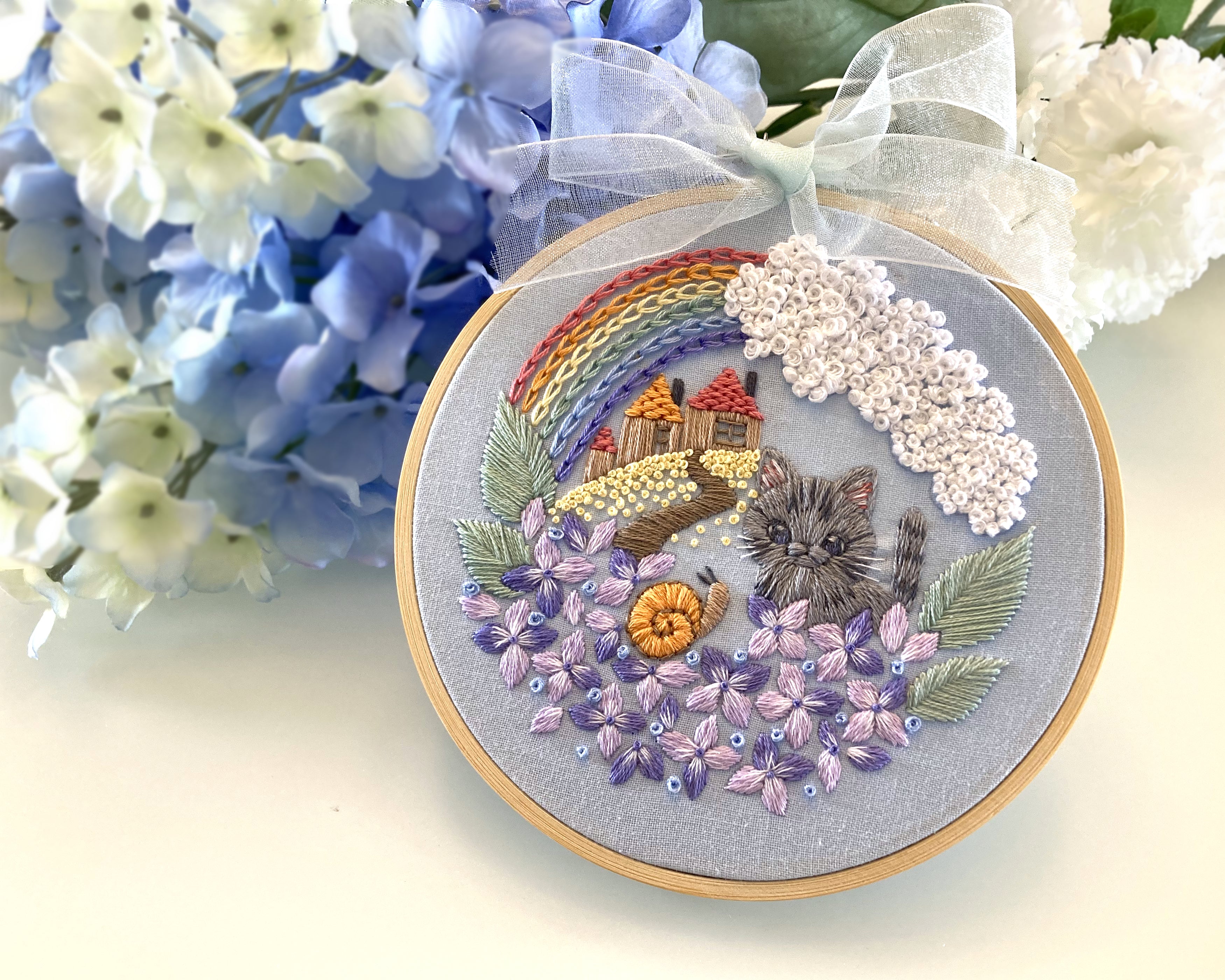 サバトラの子猫と雨上がりの散歩 DIY刺繍キット フランス刺繍セット